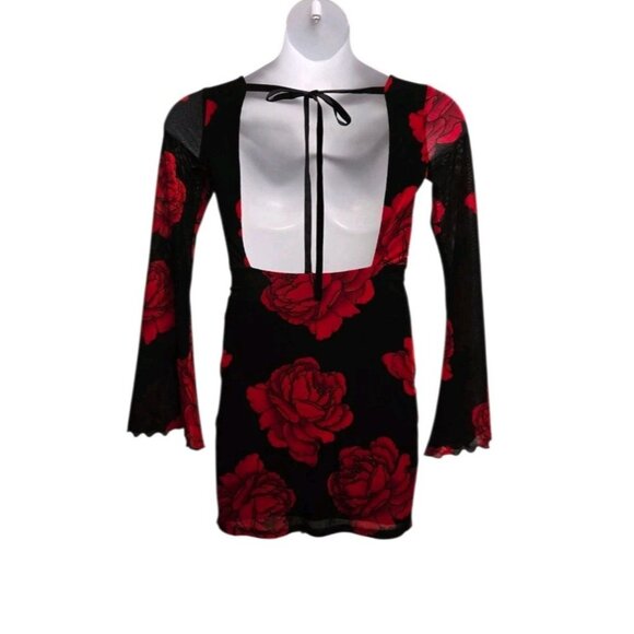 Thirty Thirty Womens Small Red Rose Velour Mesh Dress Open Back  Whimsigoth - Picture 2 of 9
